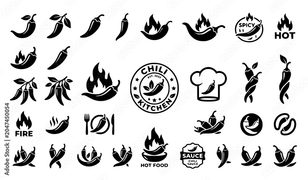 Obraz premium Hot Chili Pepper Silhouette Icons Vector Collection