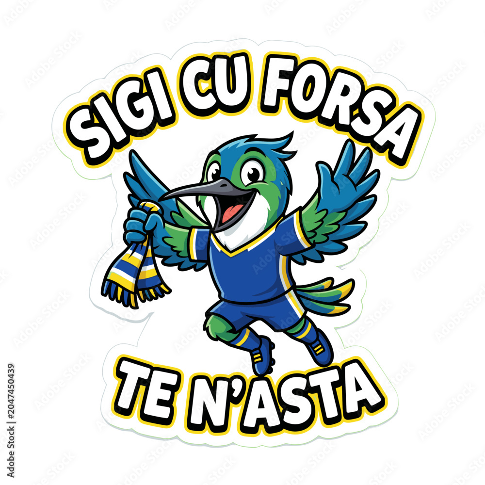 Fototapeta premium Cartoon bird mascot wearing sports uniform and holding a scarf