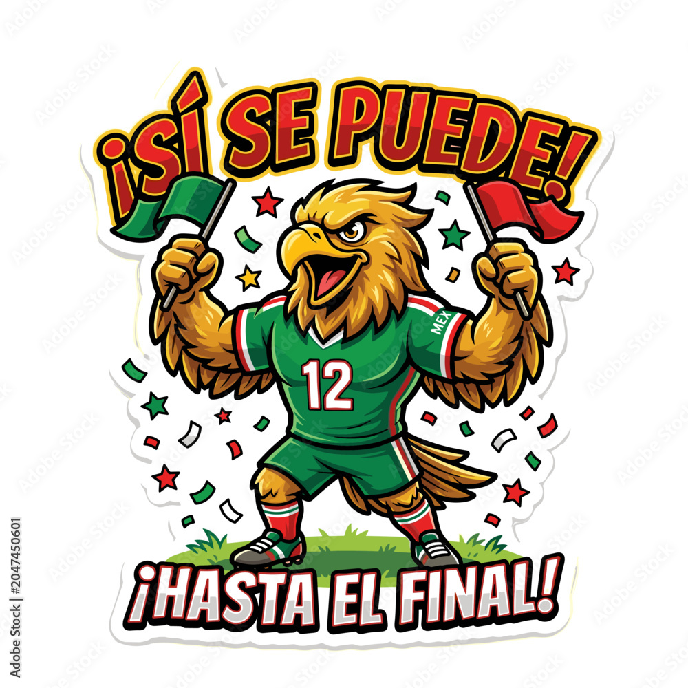 Fototapeta premium Mexican eagle mascot celebrating with flags and confetti