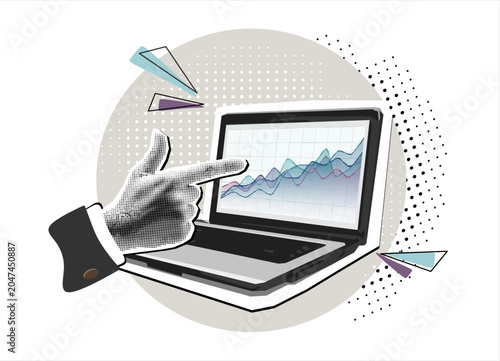 Data analytics concept. Halftone hand pointing sales graph on screen laptop. Growth chart. Successful business performance. Business data graph on screen laptop. Achieving high results