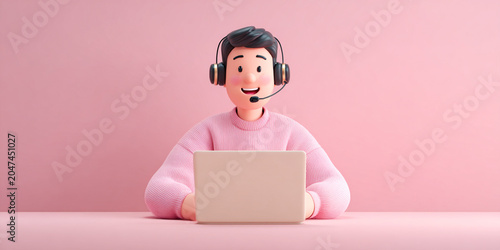 Cartoon man with headset working laptop smiling pink background cheerful expression modern workspace digital communication remote work technology