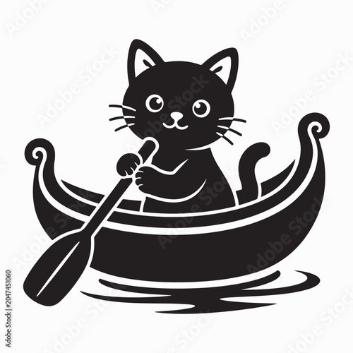Cute Cat Rowing Boat Vector Illustration on White Background