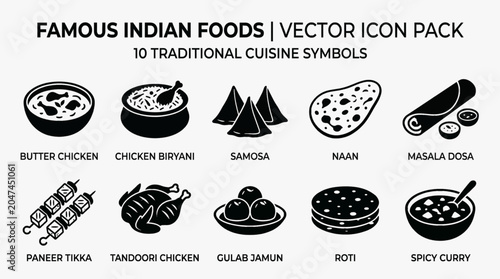 Indian Food Icons Bundle Black Silhouette Restaurant Menu Vector Collection