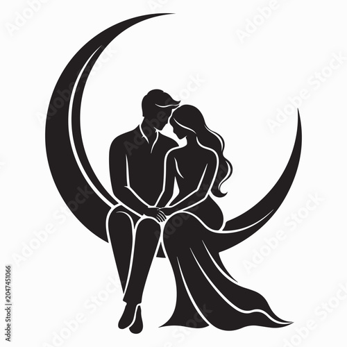 Romantic Couple on Crescent Moon Vector Illustration
