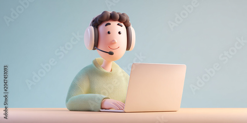 Cute cartoon man wearing headset, sitting at desk with laptop, smiling and engaged in work or communication