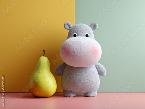 Cute hippo standing beside pear, showcasing playful and colorful design. soft textures and vibrant background create cheerful atmosphere