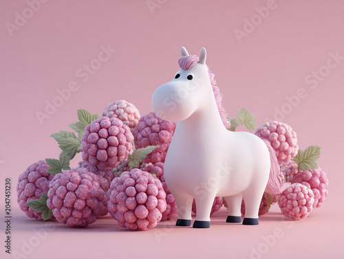 Cute horse standing beside pink berries, creating whimsical and playful scene. soft colors and friendly expression evoke joy and charm