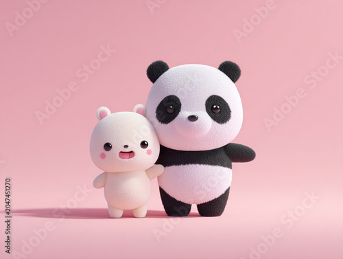 Cute panda and bear characters stand together, showcasing playful and friendly vibe against soft pink background