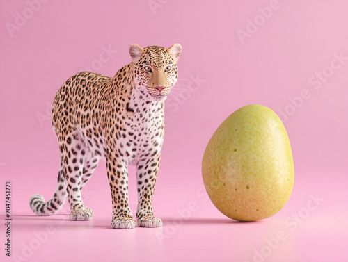 Cute leopard stands beside large, bright green egg on pink background, creating whimsical and playful scene
