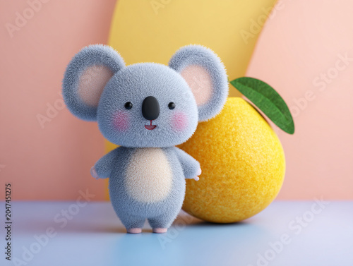 Cute koala character standing beside bright yellow fruit, showcasing playful and cheerful atmosphere