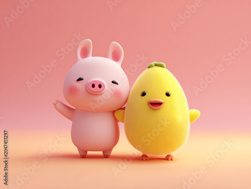 Cute pig and lemon character standing together in joyful pose, showcasing friendship and happiness in vibrant setting