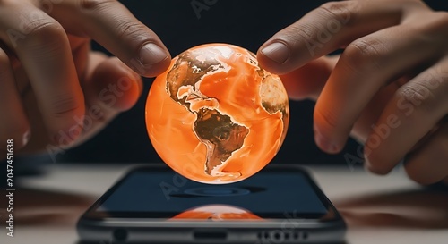 Hands holding a glowing orange globe above a smartphone screen on a table indoors