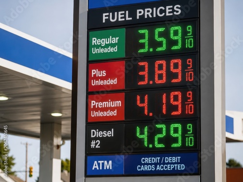 Fuel price display board showing prices for regular, plus, premium unleaded gasoline and diesel at a gas station with clear blue sky in the background