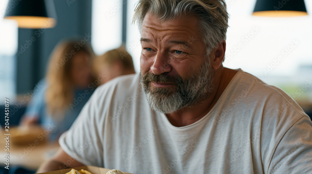 Fototapeta premium Senior male employee in a corporate break room overhearing younger colleagues commenting on his lunch, his measured expression masking discomfort, a nutritious home-packed meal in