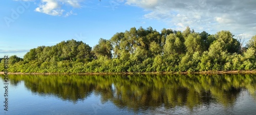 Summer landscape on the Dnieper River, green trees and reflections in the water.