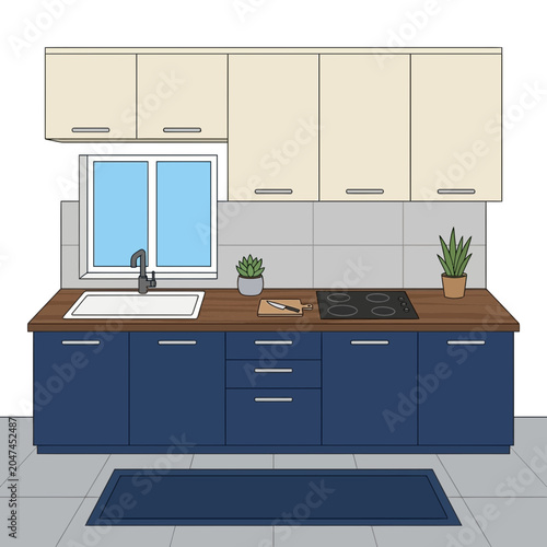 An illustration of a modern kitchen set with blue cabinets and a wooden countertop indoors.