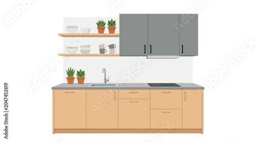 Vector illustration of a modern Scandinavian kitchen set with cabinets and plants