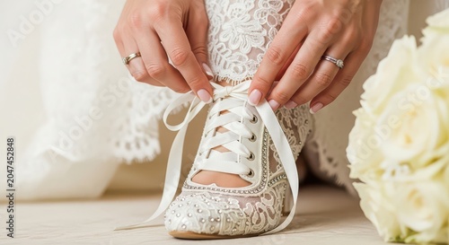 Closeup of a bride tying the laces of her white lace wedding sneakers with a bouquet nearby.