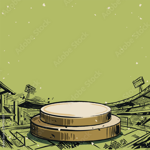 Blank round podium for placed product presentation at the middle of soccer stadium hand drawn childish style with confetti on green square background have blank space.