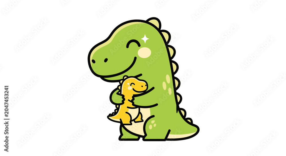 Fototapeta premium Cute cartoon dinosaur mom hugging her baby, illustration