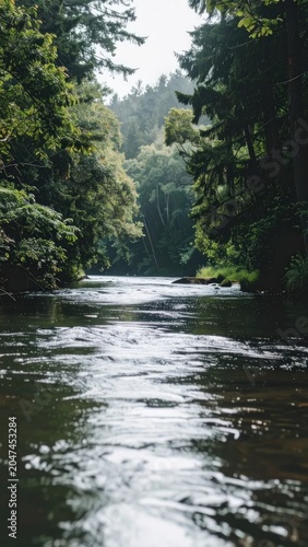 Serene Forest River Flowing Through Lush Green Woodland