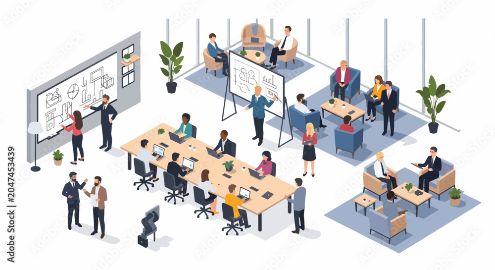 Fototapeta premium Isometric illustration of a bustling office space with various teams collaborating at desks and around a conference table, surrounded by plants and presentation boards on a clean white