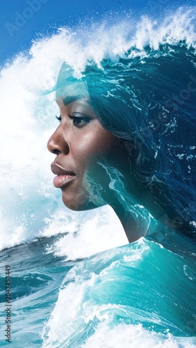 Serene Woman Profile Blended with Ocean Wave in Surreal Seascape