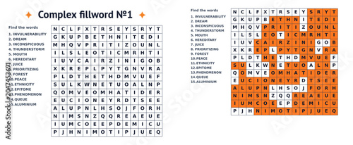 Complex fillword search puzzle with solution guide and keywords  