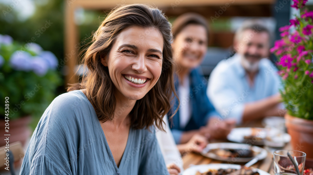 Fototapeta premium large family seated on a backyard deck eating grilled food beside potted flowers, high-resolution outdoor lifestyle image, balanced composition, friendly mood, barbecue table,