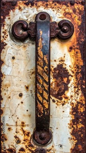 Rusty Antique Door Handle Mounted on Weathered Peeling Metal Surface