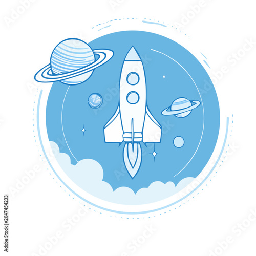 Rocket ship flying through space with planets and stars