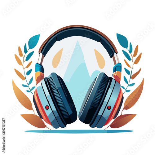 Stylized headphones with decorative leaves and mountain background