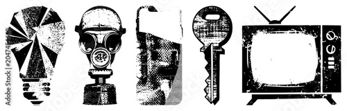 Collection of distressed featuring a lightbulb, gas mask, mobile device, skeleton key, and old. These gritty, halftone style pieces act as stencil ready elements for urban art.