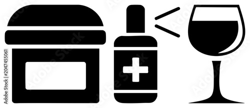 This minimalist collection features a medicinal tincture, a pill container, and a stemmed goblet. The set shows a remedy bottle next to a wine glass to represent healthcare or substance concepts.
