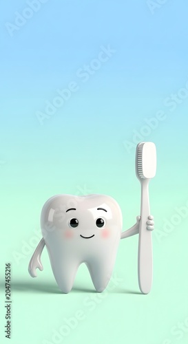 Cute cartoon tooth character holding a toothbrush, representing dental hygiene and oral care. Whimsical 3D illustration for children's dentistry, health education, and playful medical concepts.