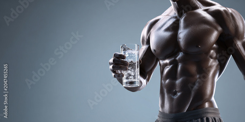 Muscular man holding glass of water, showcasing strength and hydration, perfect for fitness themes