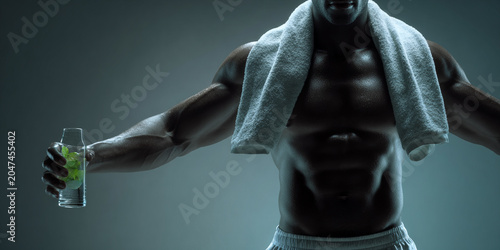Muscular man holding glass of water with towel around his neck, showcasing fitness and hydration
