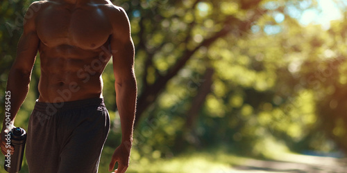 Muscular man walking outdoors in nature, showcasing fitness and health, enjoying sunny day