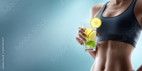 Refreshing drink with lemon and mint held by fit woman in sports top, showcasing toned physique and healthy lifestyle