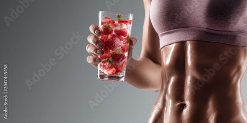 Fit woman with toned physique holds glass of refreshing strawberry infused water, showcasing health and vitality