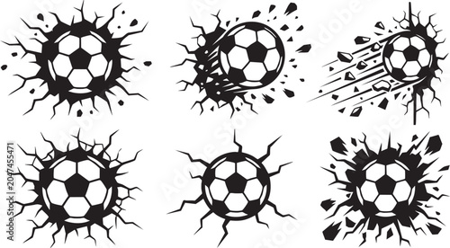 Dynamic soccer ball breaking through cracked wall vector set, powerful football sports emblem pack for athletic team logo design.