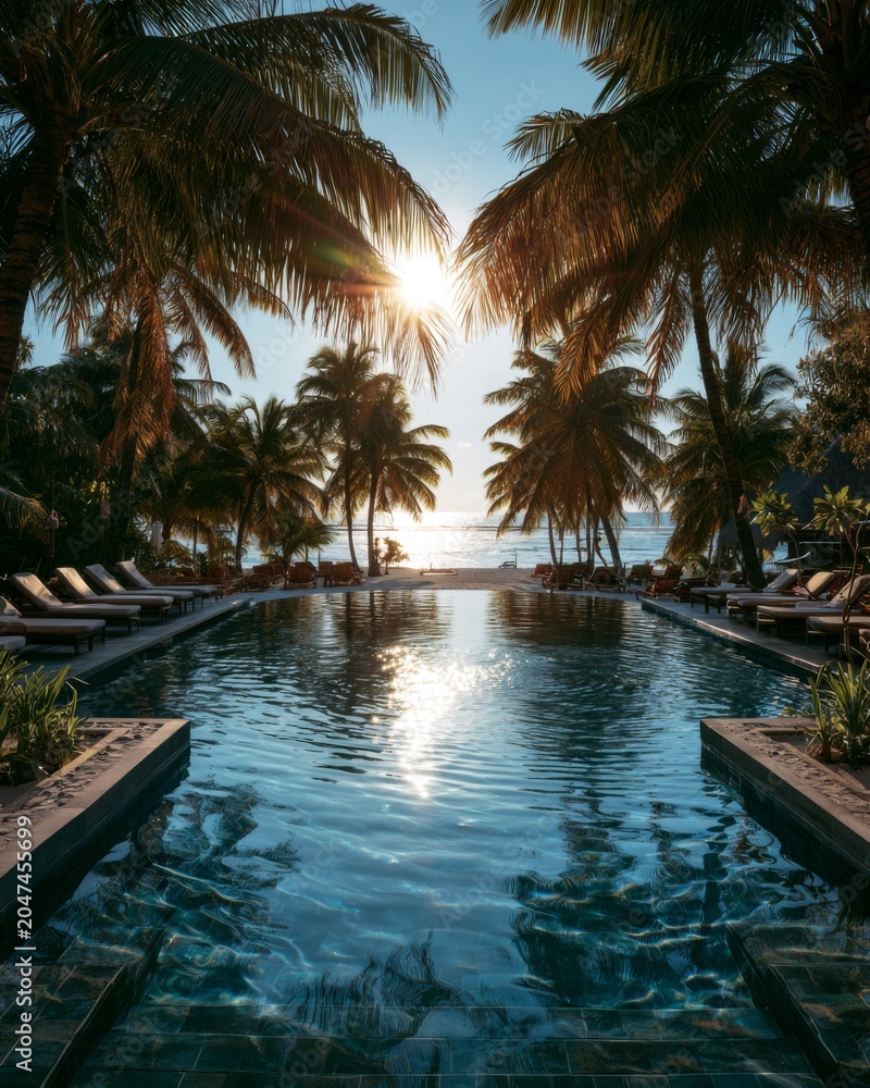 Fototapeta premium Tropical infinity pool with palm trees and ocean sunset view at luxury beach resort