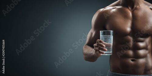 Muscular man holding glass of water, showcasing fit physique and healthy lifestyle. image conveys strength and hydration