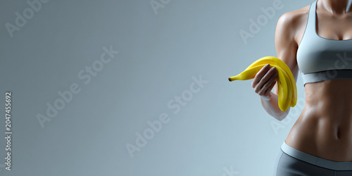 Fit woman holds bananas, showcasing healthy lifestyle and fitness. image emphasizes nutrition and wellness