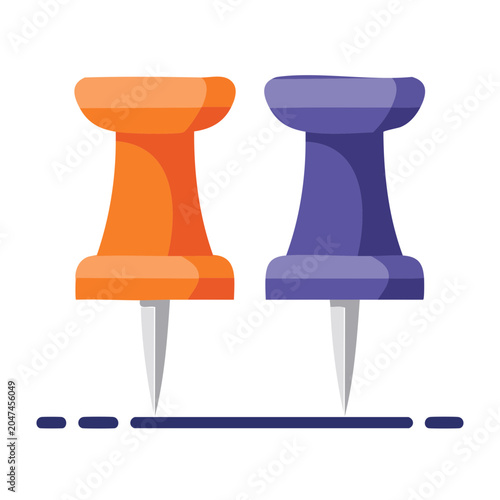 Two colorful pushpins on a line