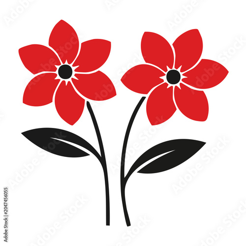 Two red flowers with black centers and leaves on white background