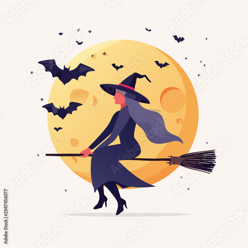 Witch flying on broomstick against a large moon with bats
