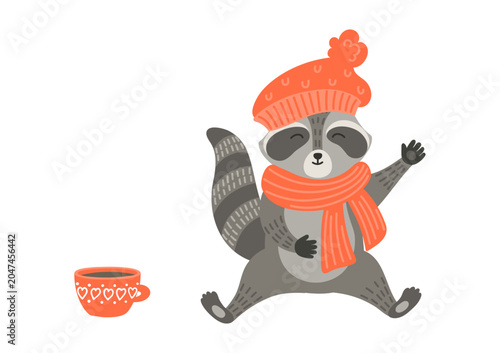 Cute raccoon wearing warm scarf and beret hat, waving its paw hello. Funny woodland animal mascot with a cozy red coffee mug or tea cup. Autumn, or winter design, greeting cards and children graphics.