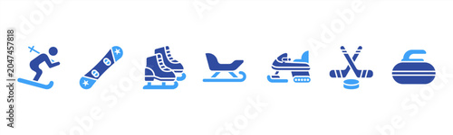 Canvas Print Winter Sports set with Ski, Snowboard, Ice Skates, Sled, Snowmobile, Hockey Stick, and Curling Stone for cold weather activity visuals