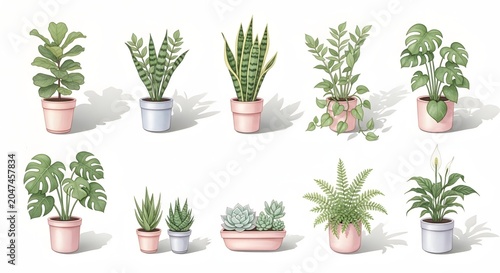 Watercolor potted houseplant collection, set of 10 indoor green plants in ceramic pots, botanical home decor illustrations on white background